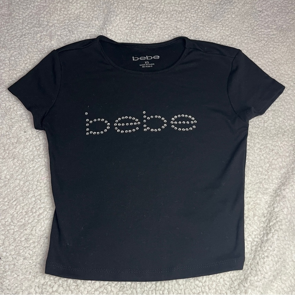 Bebe Black Rhinestone Logo Short Sleeve Tee
